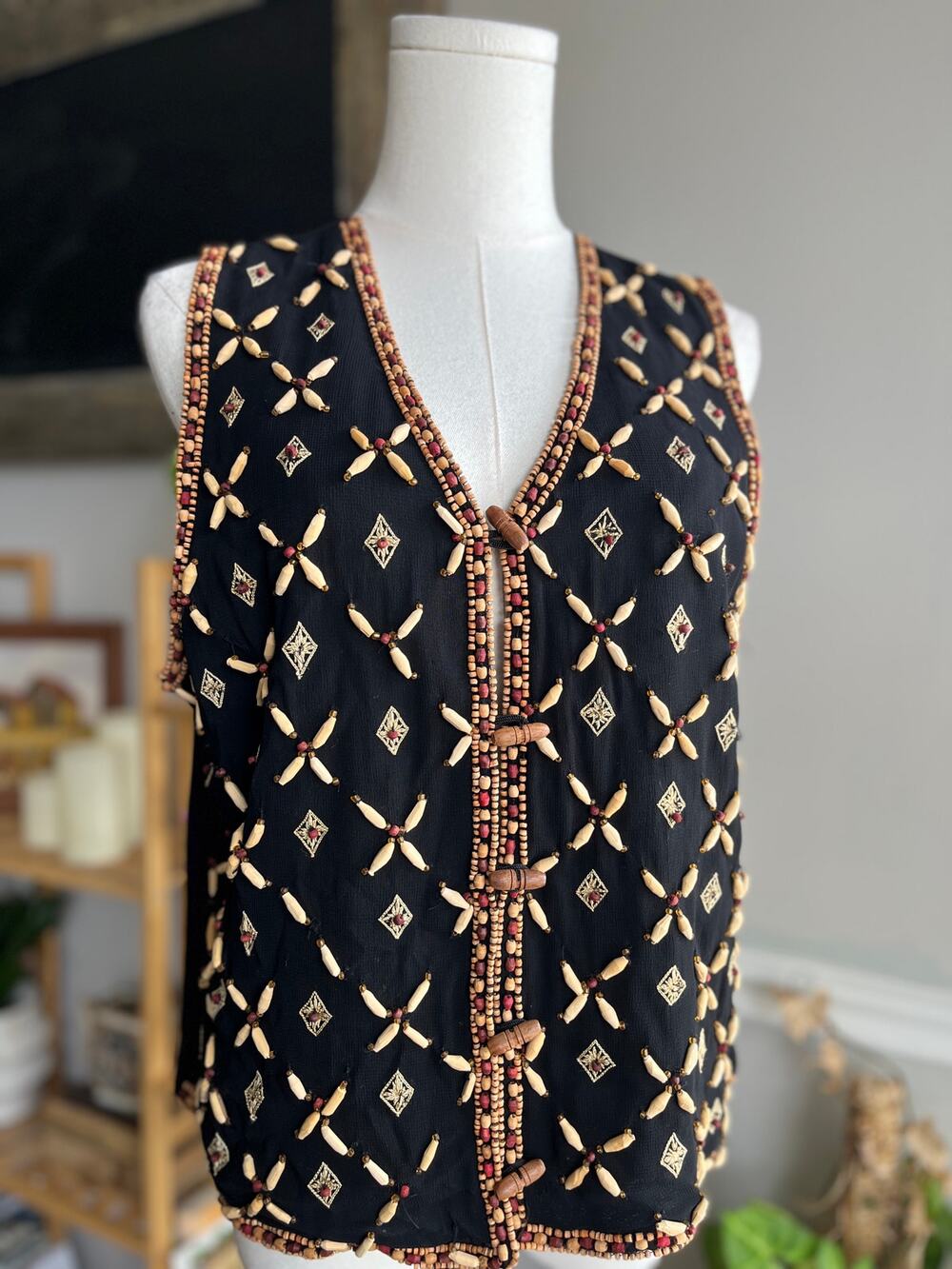 Vintage 90s Black Toggle Vest with Wooden Beads Size Medium